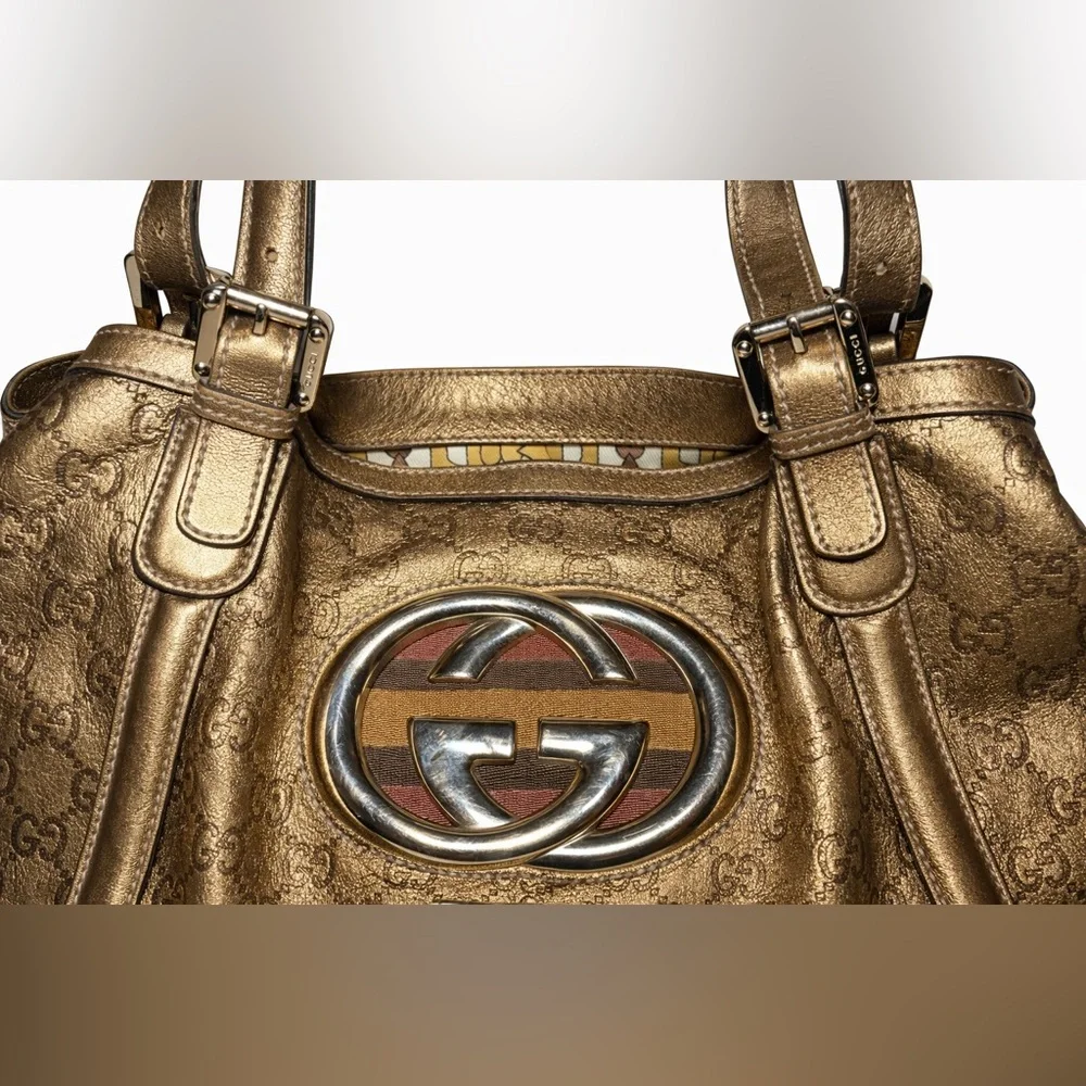 Authentic Gucci Metallic Gold GG Monogram Large Britt Hobo Shoulder Bag RARE